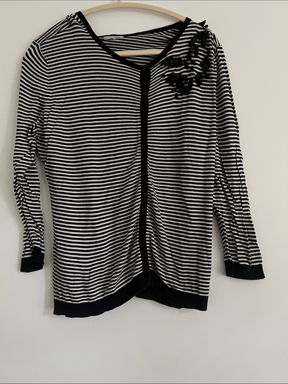 Halogen Black and White Striped Long-Sleeve Cardigan with Shoulder Appliqué